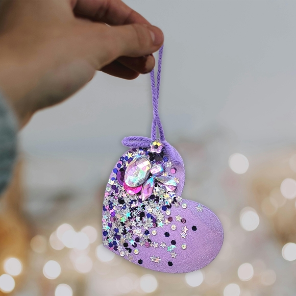Chunky Glitter/Confetti Purple Heart Tag Deor Handmade Valentine Day - Picture 1 of 5